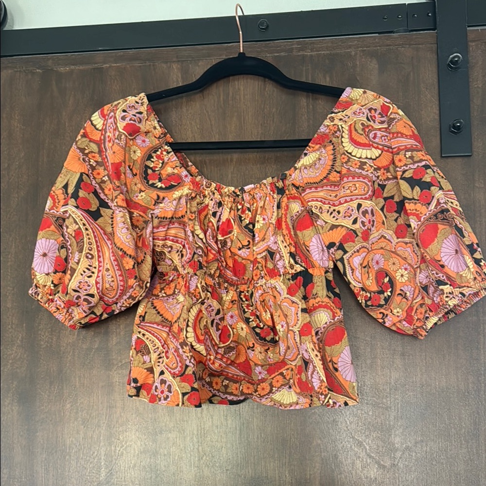 Paisley Print Puff Sleeve Top